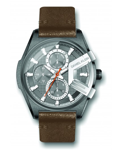 Montre Daniel Klein Homme exclusive bracelet cuir marron fond gris Montre Daniel Klein Homme exclusive bracelet cuir marron fond gris