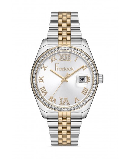 Montre femme bracelet métal bicolore dateur