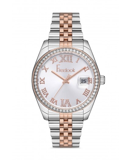 Montre femme bracelet métal bicolore rose dateur