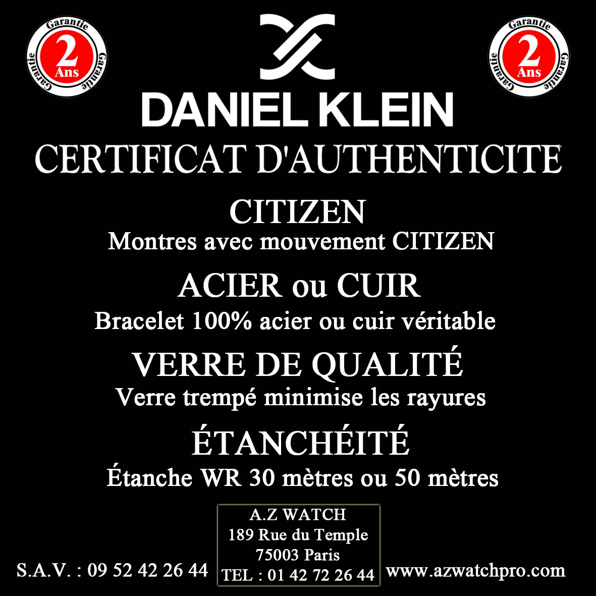 Caractéristiques des montres DANIEL KLEIN